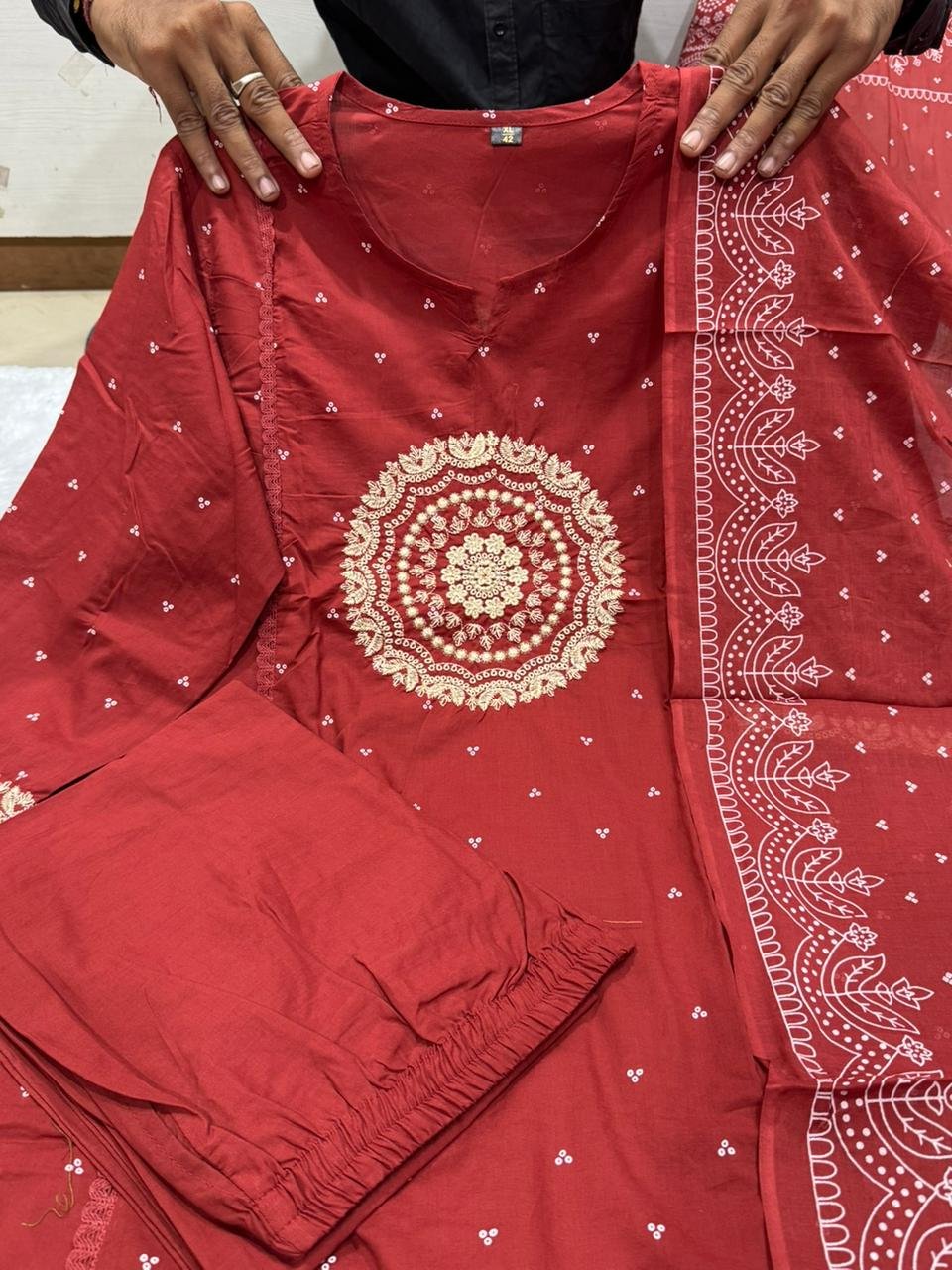 Red Cotton Suit Set with Embroidered Dupatta